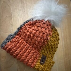 Cozy Knit Kids Beanie with Pom Pom - Orange, Yellow, and Gray
